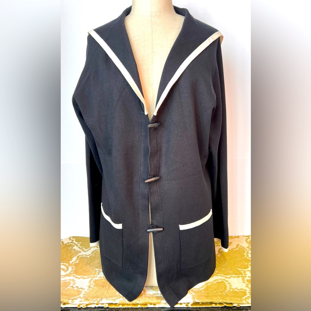 Francesca Rose Black Knit Sweater w Off White Trim on Collar Pockets & Sleeves